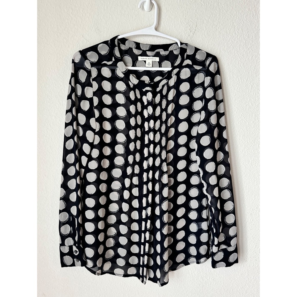 Banana Republic Womens XS Black White Polka Dot Pintuck Pleated Blouse
